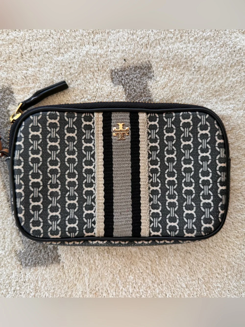 Tory Burch Black and Tan Patterned Logo Wristlet with Stripe Detail